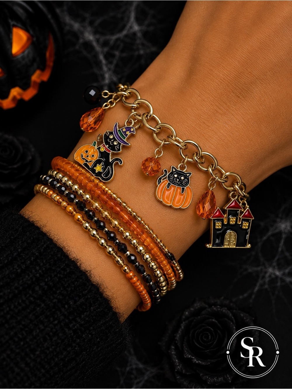 Halloween Black Cat Pumpkin Haunted House Charm Bracelet Gold Tone NWT
